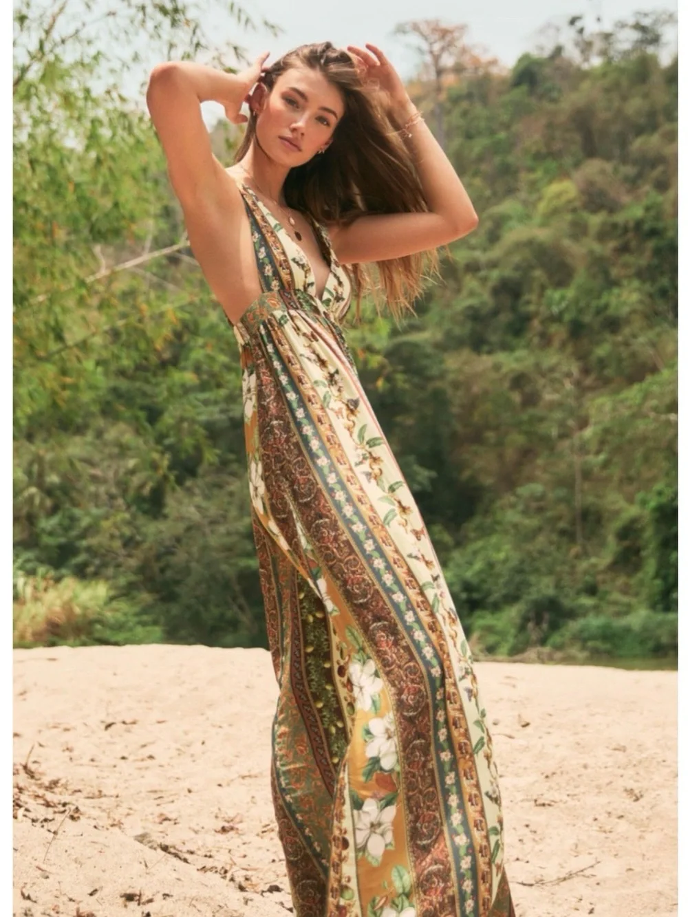 Agua Bendita Evergreen Story Naturalia Open Back Maxi Dress NWT - Picture 1 of 8